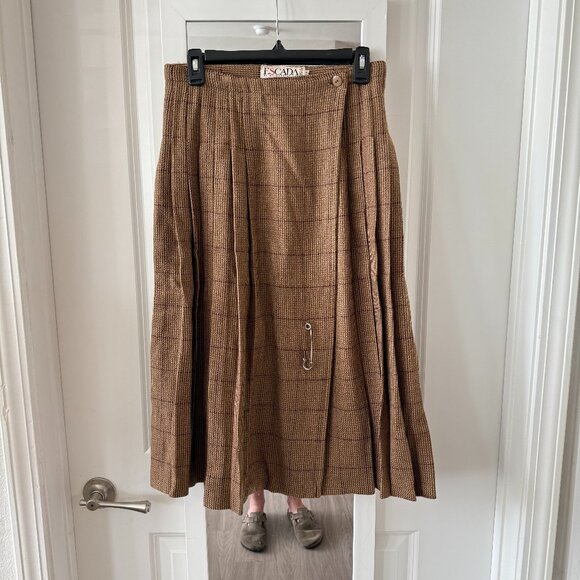 Escada by Margaretha Ley Wool Cashmere Pleated Skirt Brown Plaid Size 34 - Picture 1 of 5